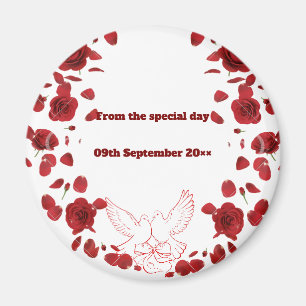 Romantic Wedding Date Magnet – Red Roses & Doves D