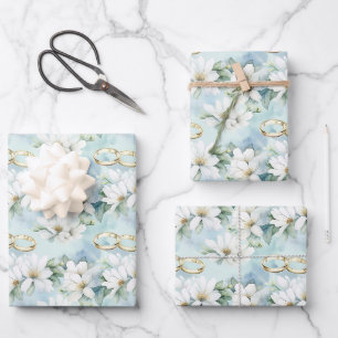 Romantic Wedding Flowers and Rings Wrapping Paper Sheet