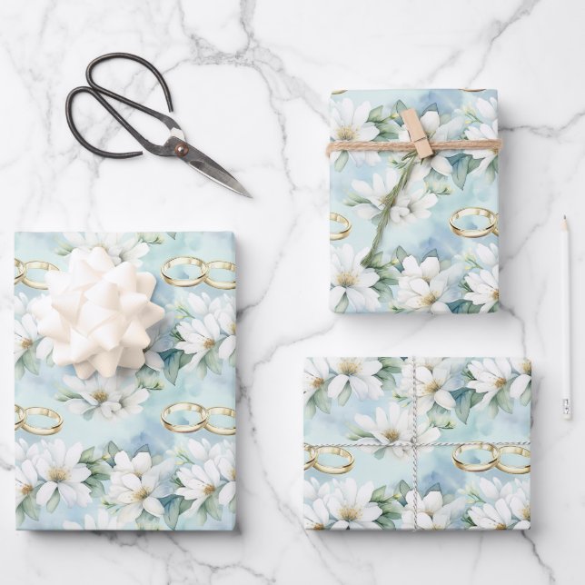 Romantic Wedding Flowers and Rings Wrapping Paper Sheet (Front)