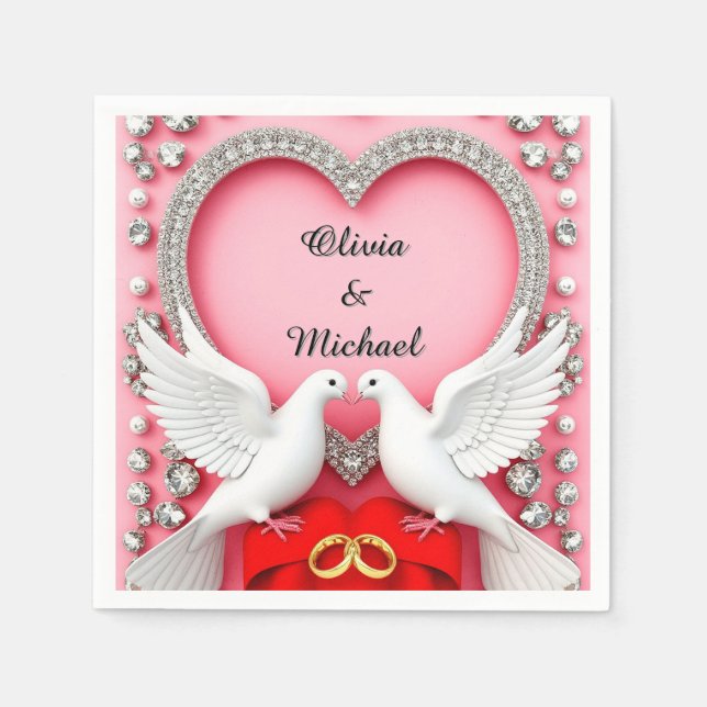 Romantic Wedding Heart Frame with Doves Napkin (Front)