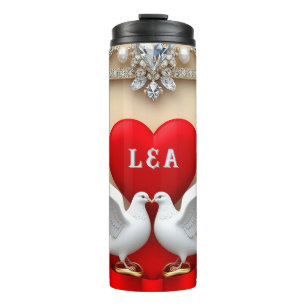 Romantic Wedding Heart Frame with Doves Thermal Tumbler