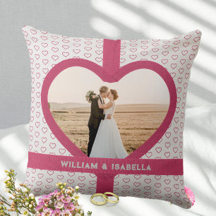 Romantic Wedding Love Photo Ribbon Heart  Grey Throw Pillow