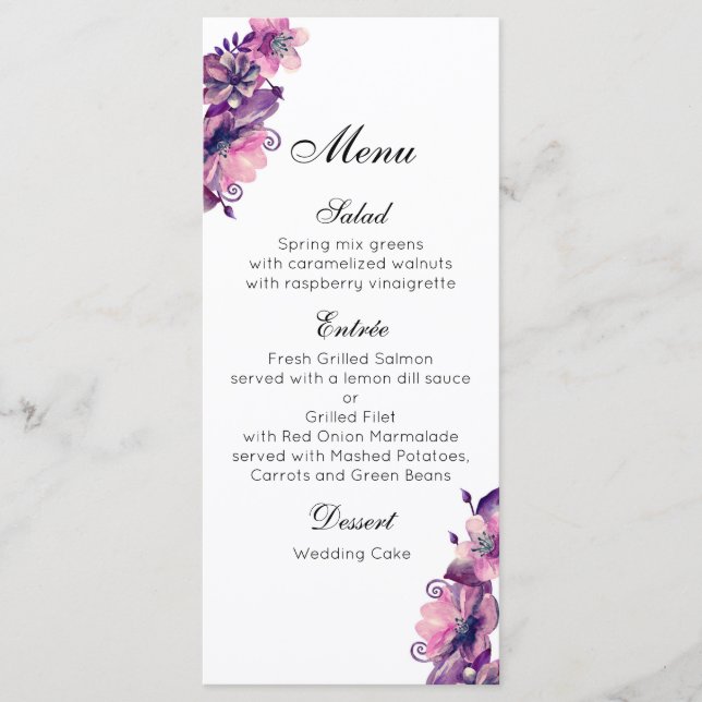 Romantic wedding menu pink. Purple dinner menu (Front)