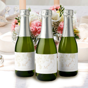 Romantic Wedding Peonies Ivory White Sparkling Wine Label