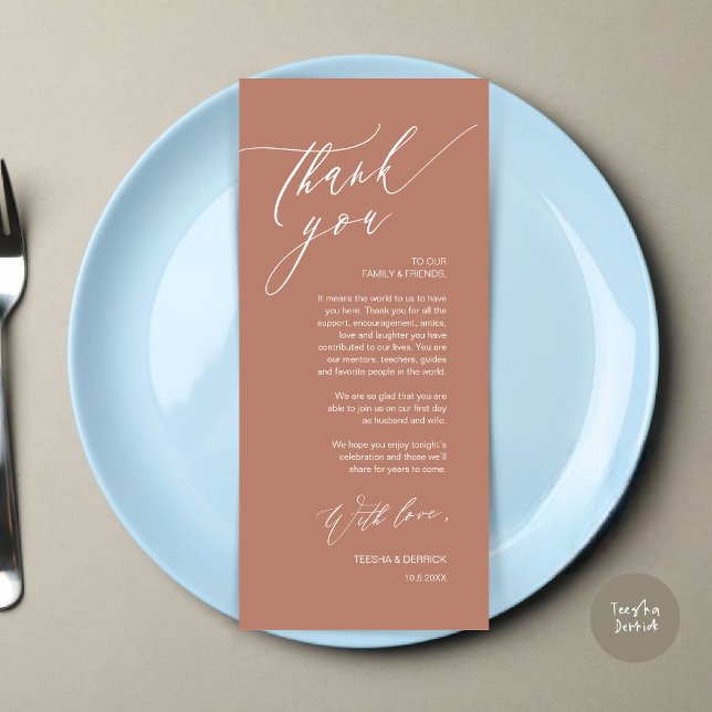 Romantic Wedding Place Setting Thank You Card (Romantic Wedding Dinner Place Setting Thank You Card, in Terracotta Earthy Brown)