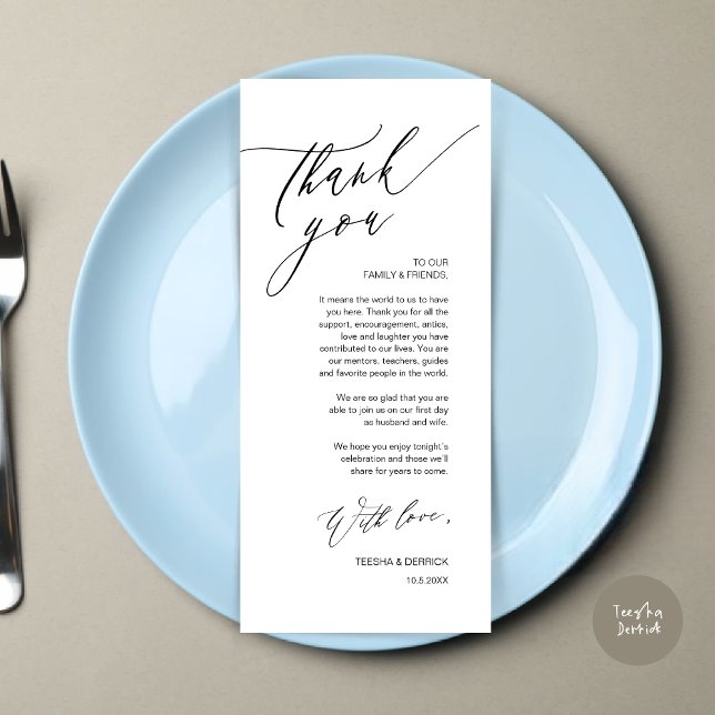 Romantic Wedding Place Setting Thank You Card (Romantic Wedding Dinner Place Setting Thank You Card, in Black and White)
