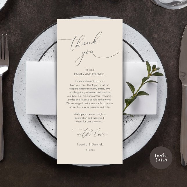 Romantic Wedding Place Setting Thank You Card (Modern Romance Wedding Dinner, Lunch and Brunch Place Setting Thank You Card, in Cream Grey)