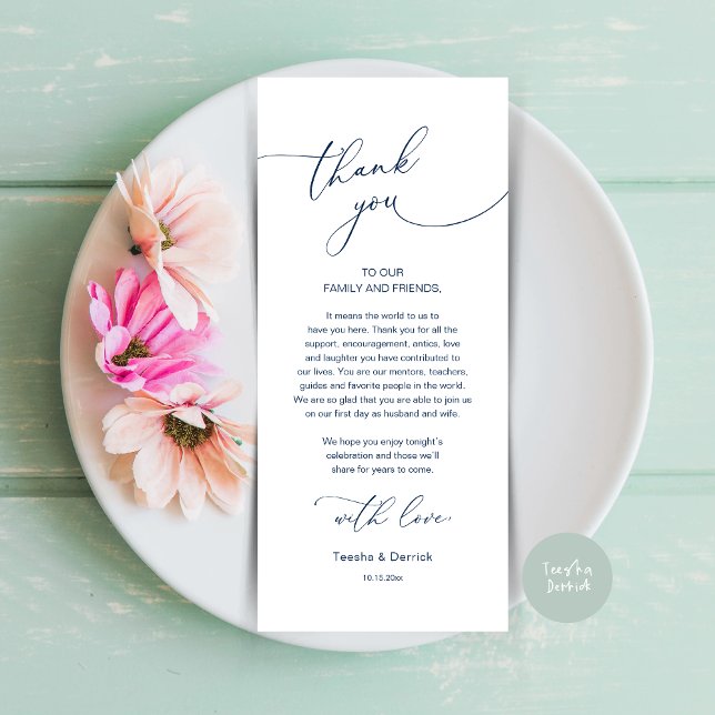 Romantic Wedding Place Setting Thank You Card (Modern Romance Wedding Dinner, Lunch and Brunch Place Setting Thank You Card, in Navy Blue)