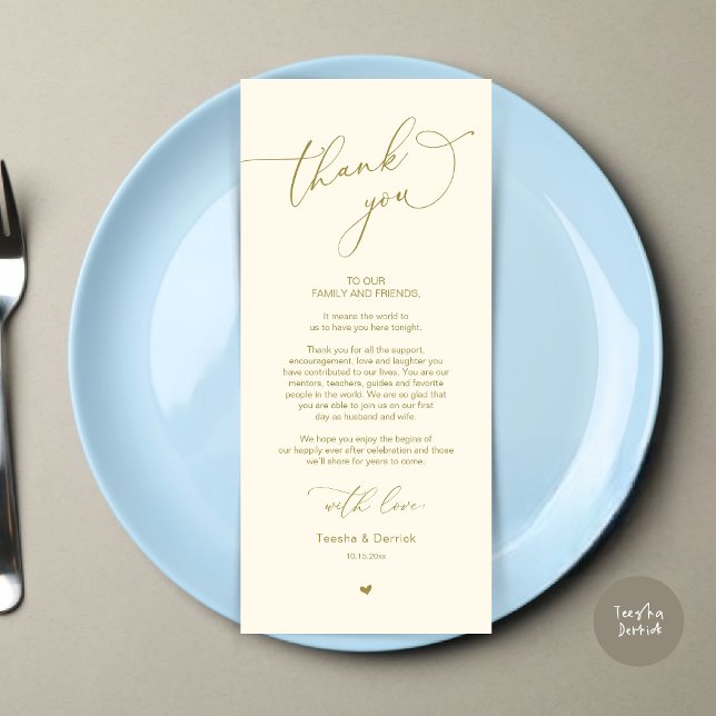 Romantic Wedding Place Setting Thank You Card (Modern Romantic Wedding Dinner Place Setting Thank You Card, Plate Decor, in Retro Yellow Gold)
