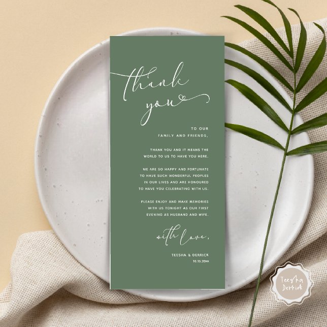 Romantic Wedding Place Setting Thank You Card (Romantic Minimalist Wedding Dinner Place Setting Thank You Card, in Summer Forest Sage Green)