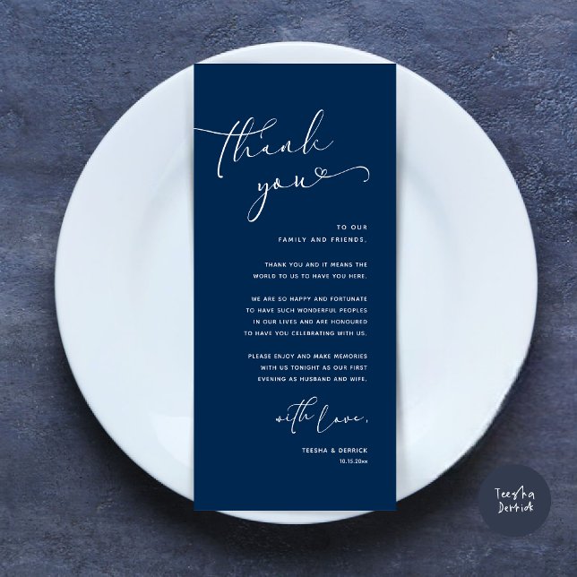 Romantic Wedding Place Setting Thank You Card (Romantic Minimalist Wedding Dinner Place Setting Thank You Card, in Navy Blue)