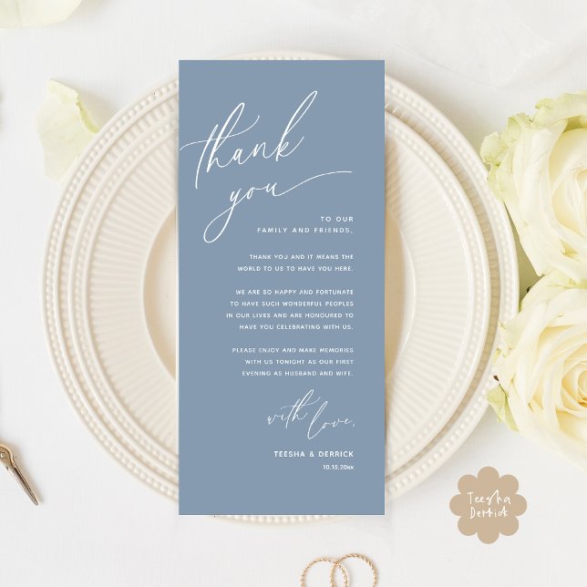 Romantic Wedding Place Setting Thank You Card (Romantic Wedding Dinner Place Setting Thank You Card Lunch Brunch in Classy Dusty Blue)