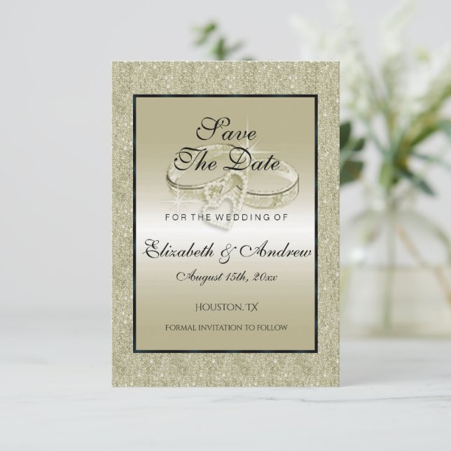 Romantic Wedding Rings, Gold Glitter Wedding Save The Date (Standing Front)