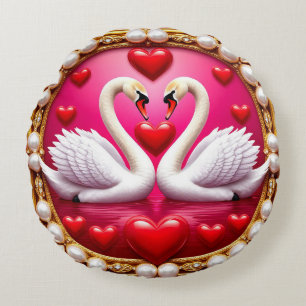 Romantic Wedding Swans Framed by Ornat Round Pillow