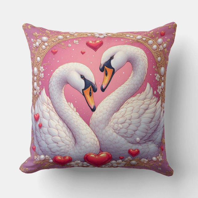 Romantic Wedding Swans Framed by Ornat Throw Pillow (Front)