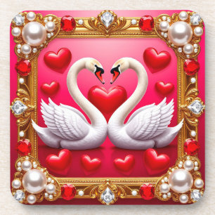 Romantic Wedding Swans Framed by Ornate Jewels Coaster