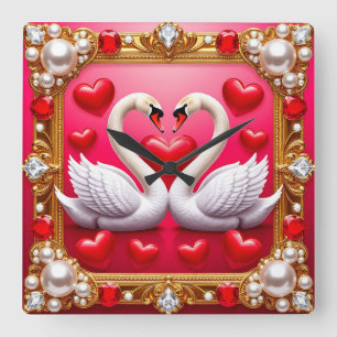 Romantic Wedding Swans Framed by Ornate Jewels Square Wall Clock