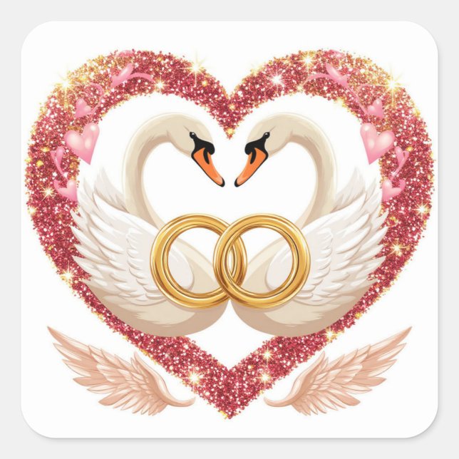 Romantic Wedding Swans With Gold Rings Square Sticker (Front)