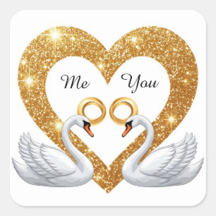 Romantic Wedding Swans With Gold Rings Square Sticker
