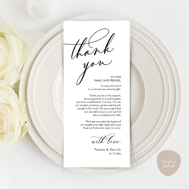 Romantic Wedding Thank You Place Setting Card (Romantic Wedding Dinner Thank You Place Setting Card, in Black and White )
