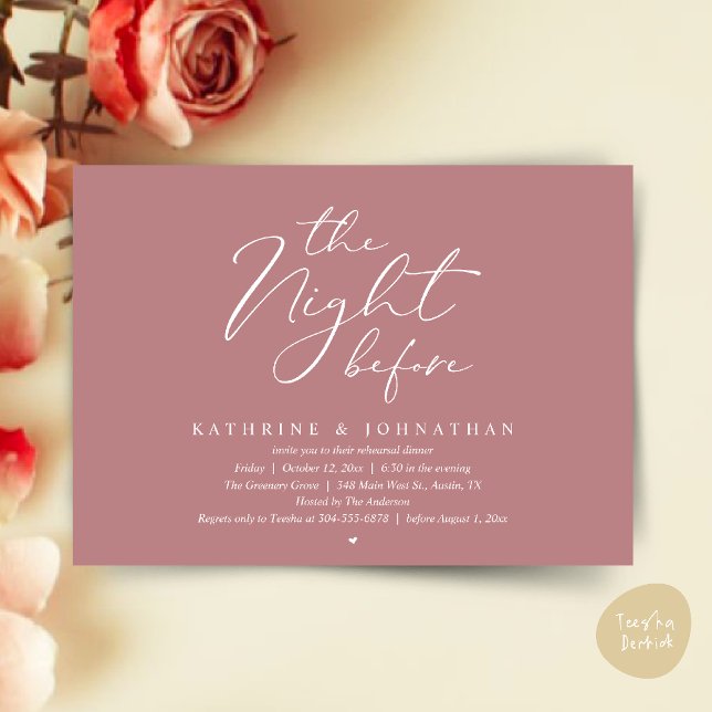 Romantic Wedding The Night Before Rehearsal Dinner Invitation (The Night Before Romantic Wedding Rehearsal Dinner Invitation Card in Dusty Rose Pink)