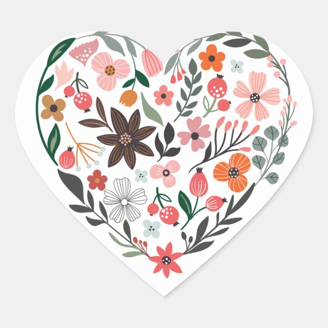 Romantic, Whimsical Flowers Heart Sticker (Front)