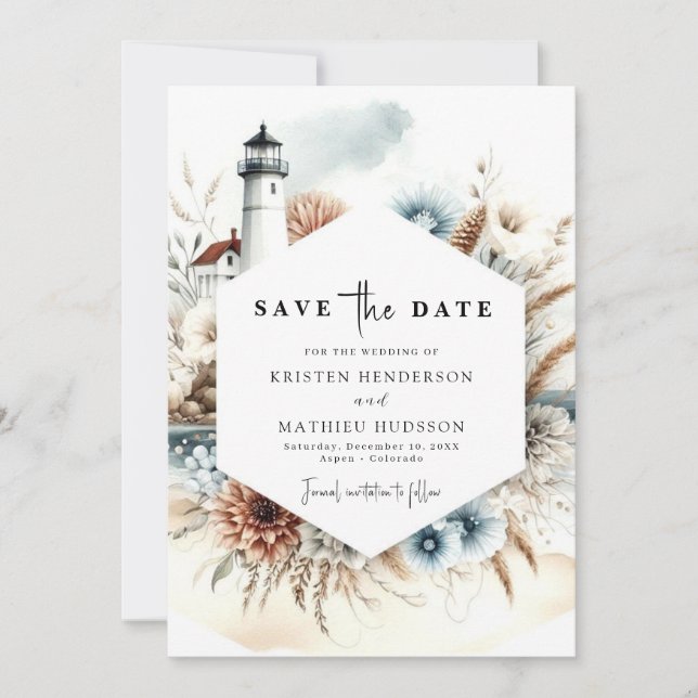 Romantic Whimsical Typography Lighthouse Wedding Save The Date (Front)