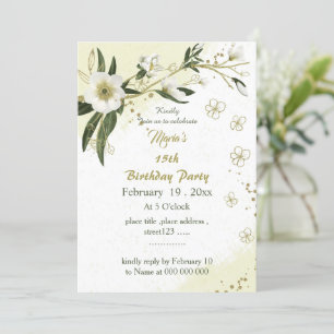 romantic white and gold flowers birthday invitatio invitation