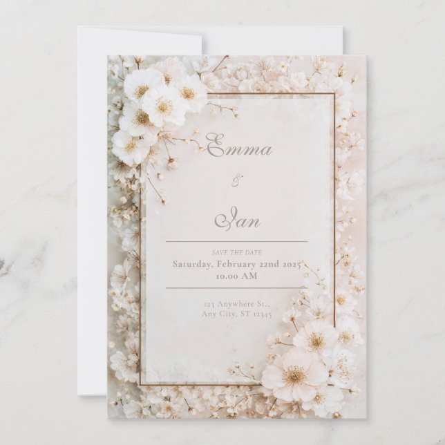 Romantic White Blossom Gold Frame Spring Wedding Invitation (Front)