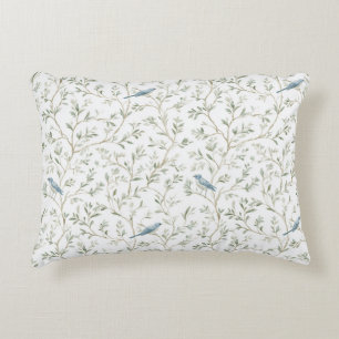 Romantic White Blue Birds Leaves Accent Pillow