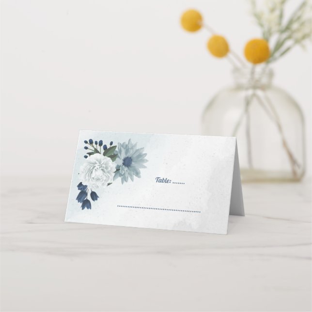 romantic white & blue floral greenery place card (Front)