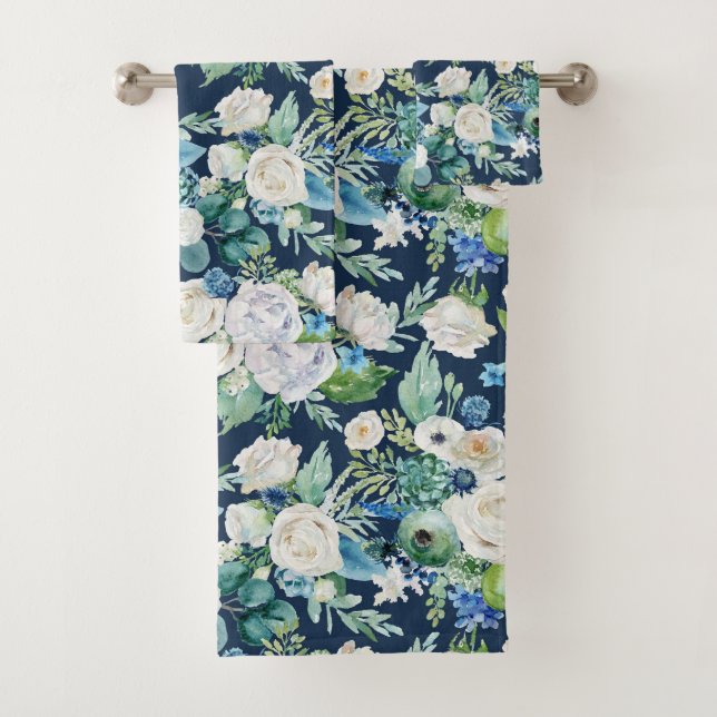 Romantic White & Blue Floral Pattern Bath Towel Set (Insitu)