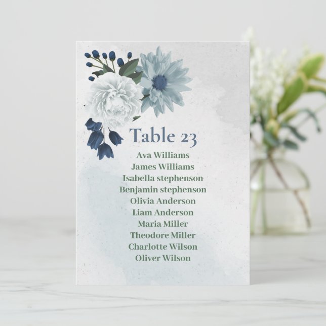 romantic white blue greenery seating chart card (Standing Front)