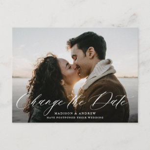 Romantic White Calligraphy Photo Change the Date Announcement Postcard