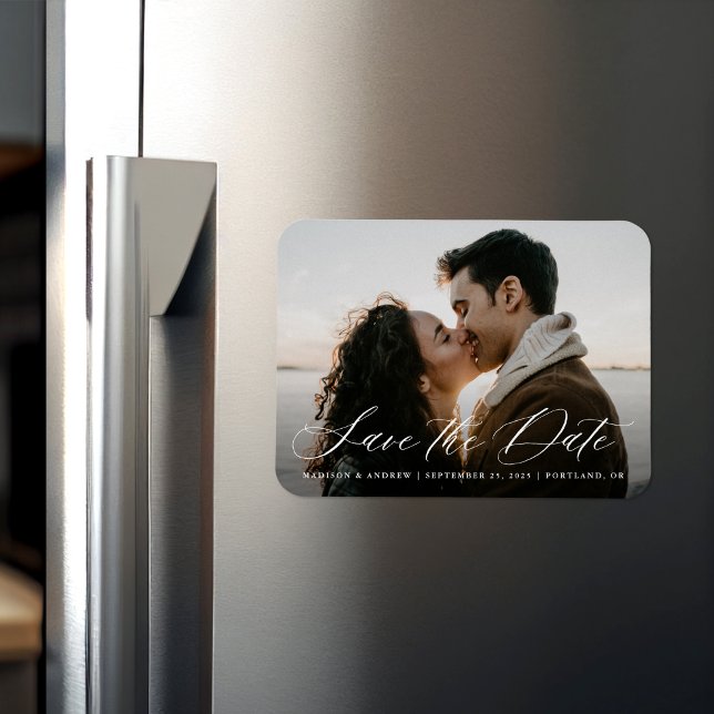 Romantic White Calligraphy Photo Save the Date Magnet