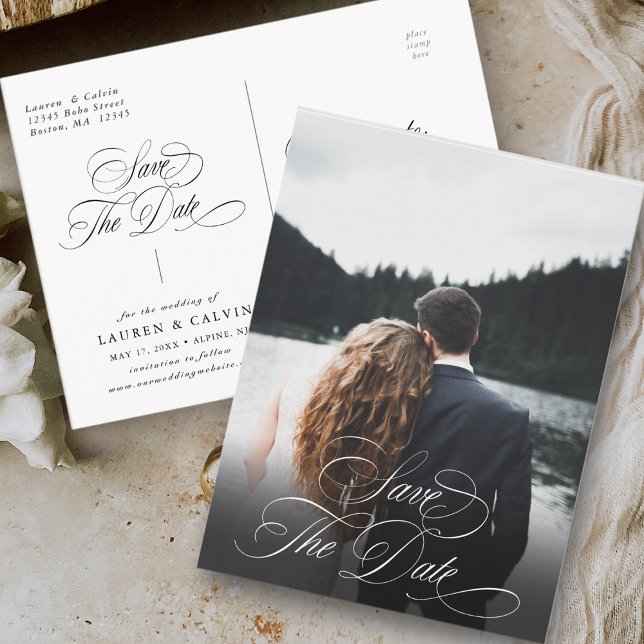 Romantic White Calligraphy Photo Save the Date  Postcard (Front & Back)