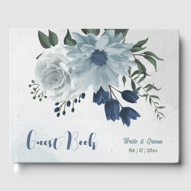 romantic white dusty &navy blue floral greenery gu guest book (Front)