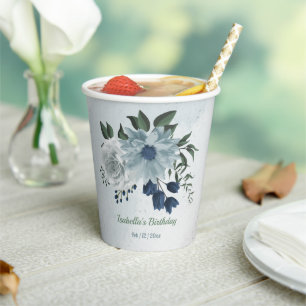 romantic white dusty &navy blue floral greenery paper cups