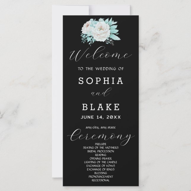 Romantic White Floral Black Wedding Program (Front)
