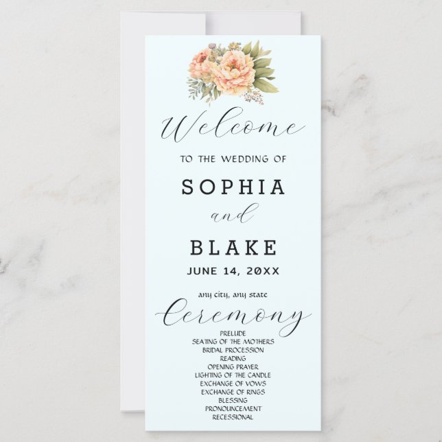 Romantic White Floral Light Blue Wedding Program (Front)
