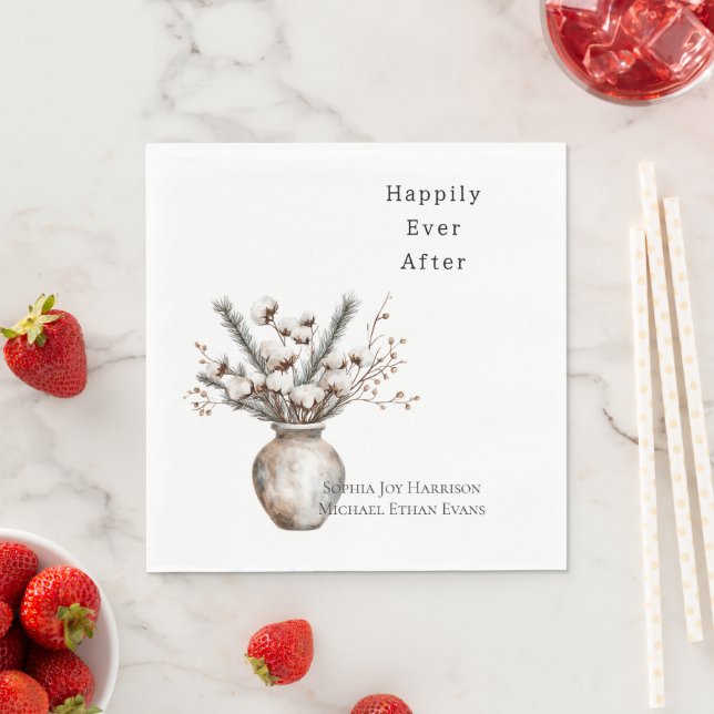 Romantic White Flowering Tree in Vase Wedding Napkin (Insitu)