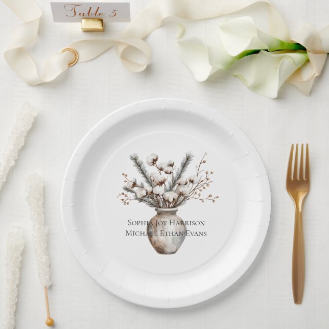 Romantic White Flowering Tree in Vase Wedding Paper Plate (Wedding)