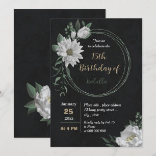 romantic white flowers botanical black birthday invitation