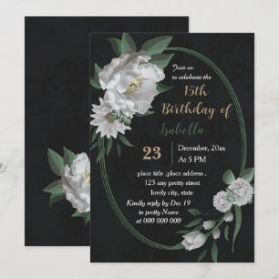 romantic white flowers botanical black birthday invitation