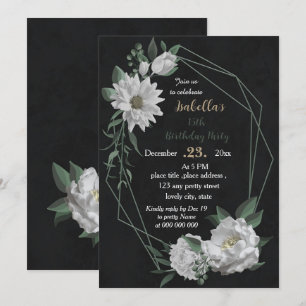 romantic white flowers botanical black birthday invitation