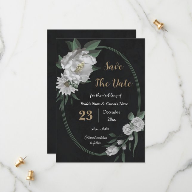 romantic white flowers botanical black save the date (Front/Back In Situ)
