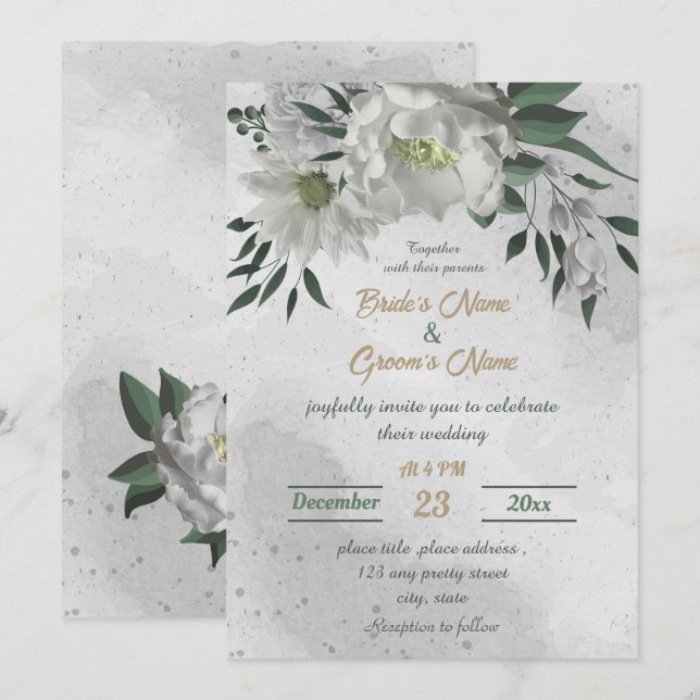 romantic white flowers botanical wedding  invitation (Front/Back)