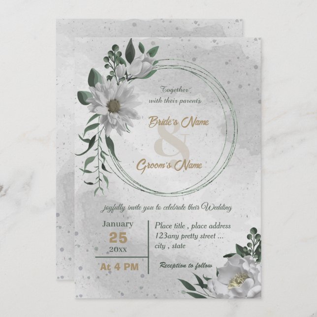 romantic white flowers botanical wedding  invitation (Front/Back)