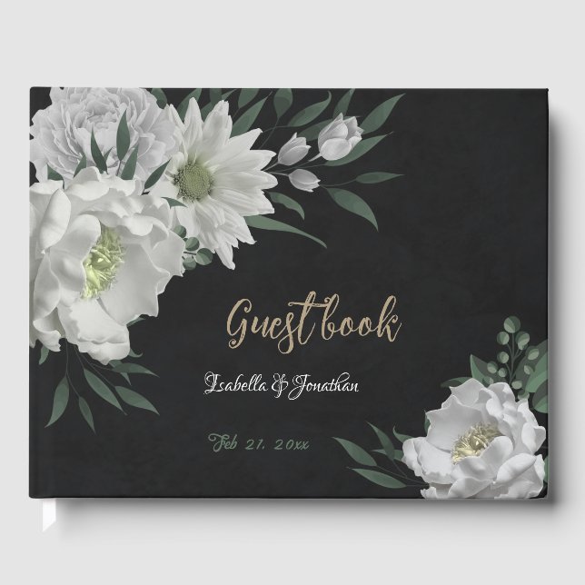 romantic white flowers & green leaves black guest book (Front)