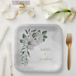 romantic white flowers & green leaves paper plate